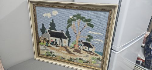 Set of 3 Framed Vintage Needlepoint Tapestries — Cottage, Macaw & Floral