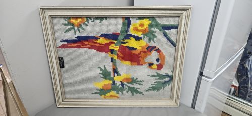 Set of 3 Framed Vintage Needlepoint Tapestries — Cottage, Macaw & Floral