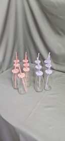 8-Piece Glass Milk-Bottle Party Set with Gingham Lids & Striped Straws