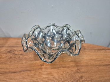 Silver-Overlay Ruffled Glass Bowl — Floral, approx 26cm