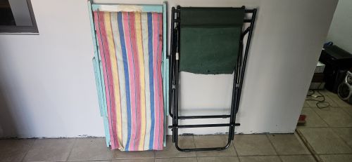 Pair of Folding Garden Chairs — Vintage Wooden Deck Chair + Green Metal Recliner