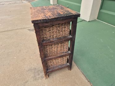 Rustic Wood & Wicker 4-Basket Storage Unit / Side Cabinet