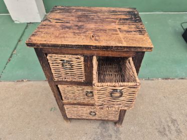 Rustic Wood & Wicker 4-Basket Storage Unit / Side Cabinet