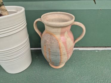 Ceramic Planter with Faux Pink Orchid + Stoneware Twin-Handle Vase