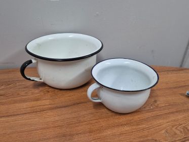 Two Vintage Enamel Chamber Pots — Black and Navy Rims