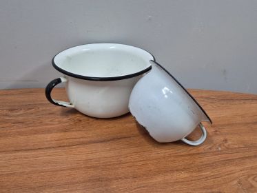 Two Vintage Enamel Chamber Pots — Black and Navy Rims