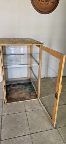 Vintage Wooden-Framed Glass Display Cabinet — Honey-Tone Timber, Glass Shelves