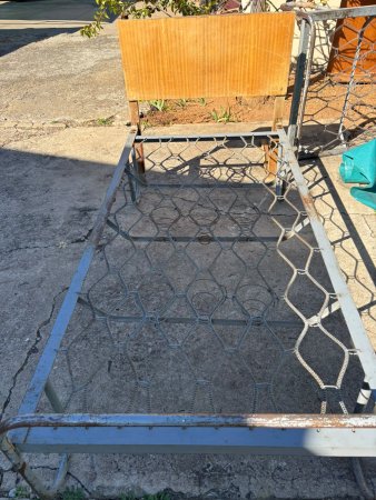 Vintage Metal Single Bed Frame — Wood Headboard, Salvage