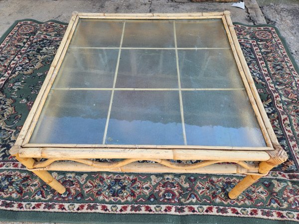 Bamboo & Glass-Top Coffee Table — Square, Rattan-Bound Frame