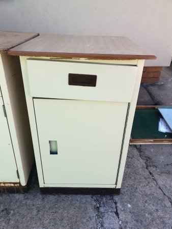 Vintage Cream Metal Cabinet — Wood-Laminate Top