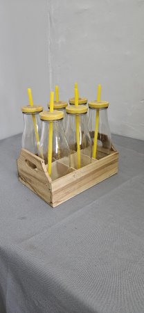 6-Piece Glass Milk-Bottle Tumbler Set with Wooden Carrier — Yellow