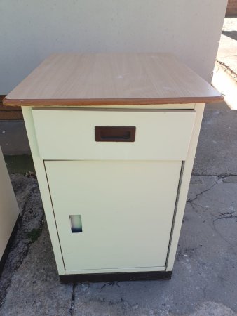 Vintage Cream Metal Cabinet — Wood-Laminate Top