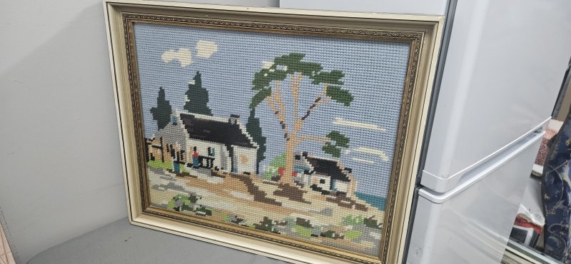 Set of 3 Framed Vintage Needlepoint Tapestries — Cottage, Macaw & Floral