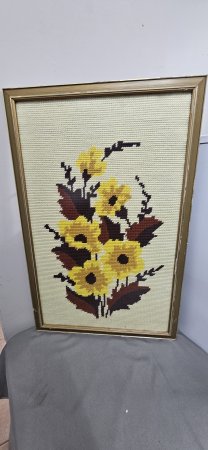 Set of 3 Framed Vintage Needlepoint Tapestries — Cottage, Macaw & Floral