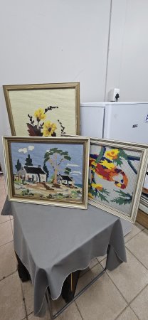 Set of 3 Framed Vintage Needlepoint Tapestries — Cottage, Macaw & Floral