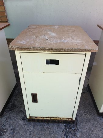 Vintage Cream Metal Cabinet — Drawer & Door, Distressed Chipboard Top