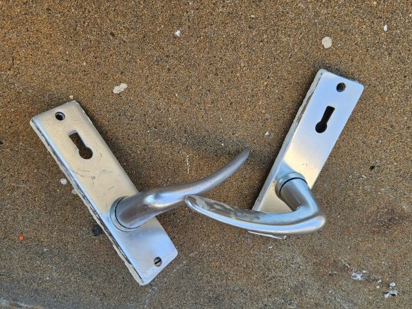 Set of Brushed-Metal Door Lever Handles on Lockplates