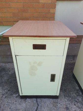 Vintage Cream Metal Cabinet — Wood-Laminate Top