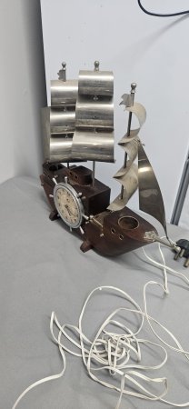 Vintage Wooden Sailing-Ship Mantel Clock and Lamp with Metal Sails