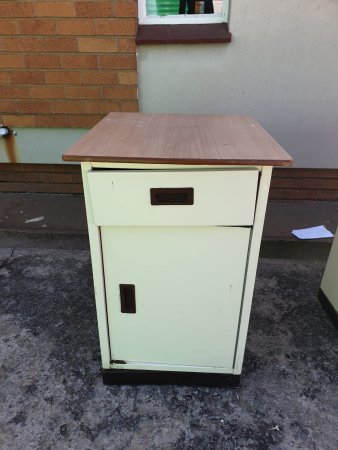 Vintage Cream Metal Cabinet — Wood-Laminate Top