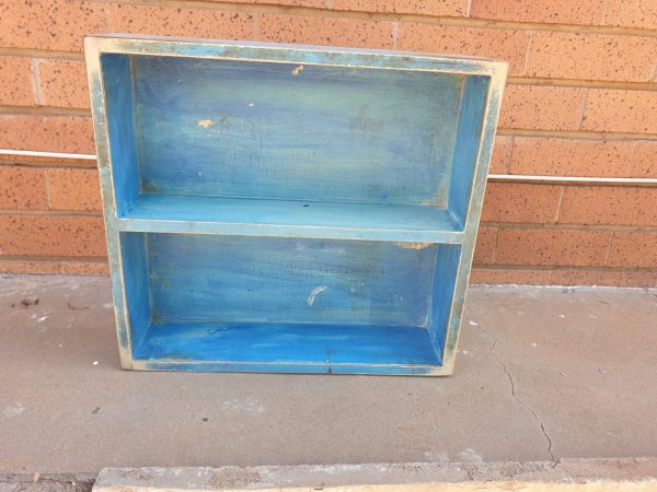 Distressed Blue-Painted Wooden Wall Shelf — 2 Tier