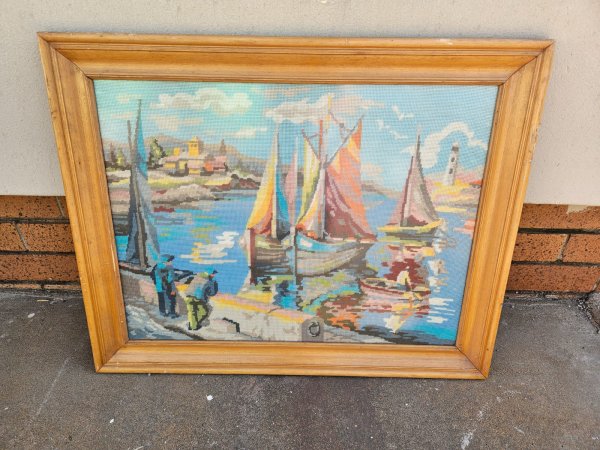 Framed Needlepoint Tapestry — Harbour & Sailboats Scene