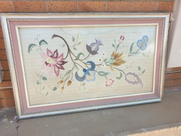 Framed Floral Crewelwork Embroidery — Silver Frame