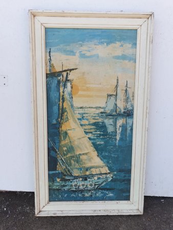 Vintage Nautical Oil Painting — Sailing Boats at Sunset
