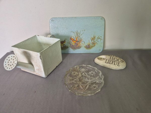 Decorative Homeware ×4 — Watering-Can Planter, Duck Glass Tray, Crystal Dish & 'Geloof Hoop Liefde' Stone