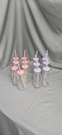 8-Piece Glass Milk-Bottle Party Set with Gingham Lids & Striped Straws