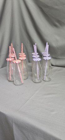 8-Piece Glass Milk-Bottle Party Set with Gingham Lids & Striped Straws