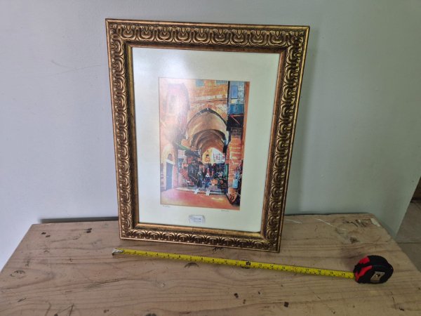 Framed Watercolour Print — Arched Bazaar Street Scene in Ornate Gold Frame