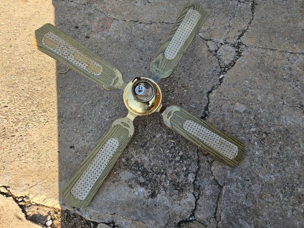 4-Blade Ceiling Fan — Brass & Green with Cane-Look Inserts