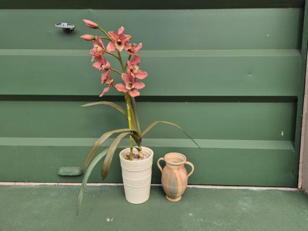 Ceramic Planter with Faux Pink Orchid + Stoneware Twin-Handle Vase