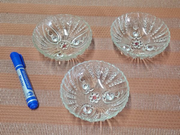 Three Vintage Pressed Glass Footed Bowls — Starburst with Red Centre