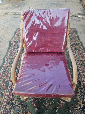 Cane / Rattan Armchair with Burgundy Cushions