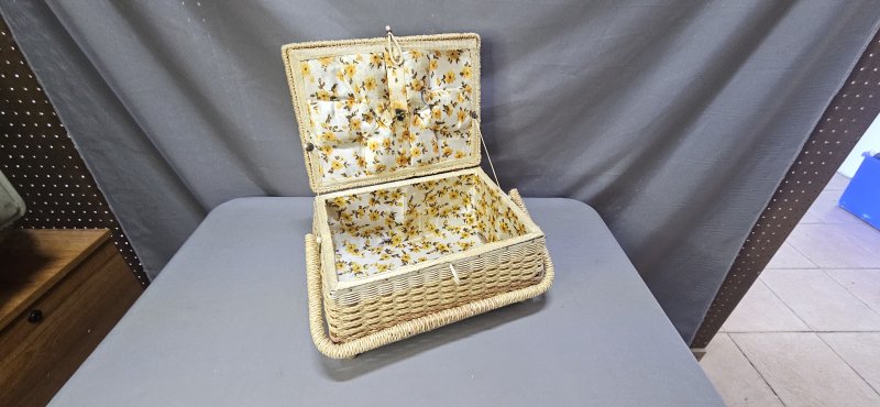 Vintage Wicker Sewing Basket — Hinged Lid, Yellow Floral-Lined Interior