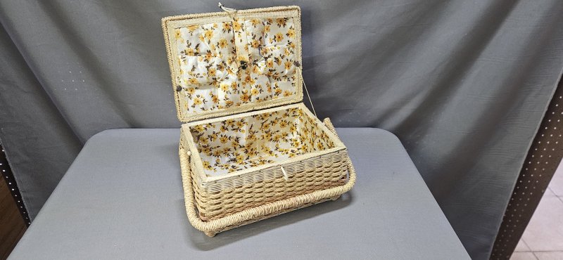 Vintage Wicker Sewing Basket — Hinged Lid, Yellow Floral-Lined Interior