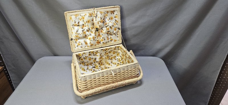 Vintage Wicker Sewing Basket — Hinged Lid, Yellow Floral-Lined Interior