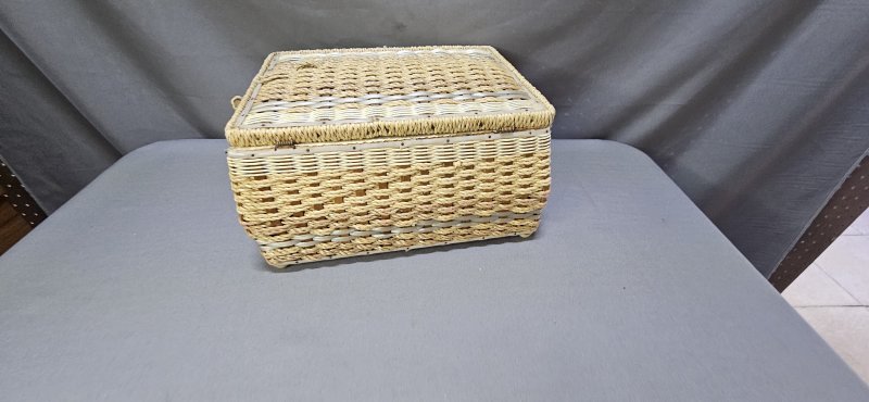 Vintage Wicker Sewing Basket — Hinged Lid, Yellow Floral-Lined Interior