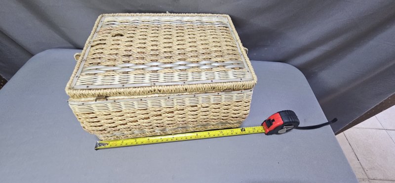 Vintage Wicker Sewing Basket — Hinged Lid, Yellow Floral-Lined Interior