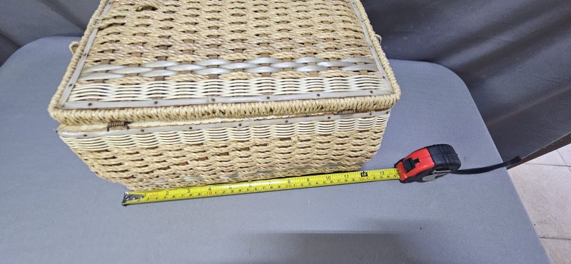 Vintage Wicker Sewing Basket — Hinged Lid, Yellow Floral-Lined Interior