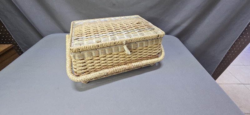 Vintage Wicker Sewing Basket — Hinged Lid, Yellow Floral-Lined Interior