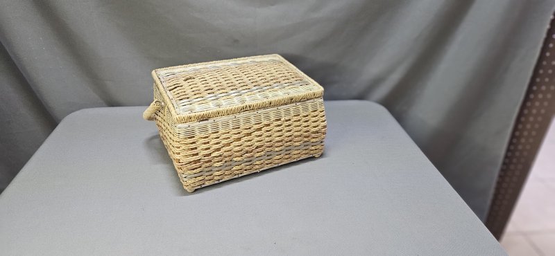 Vintage Wicker Sewing Basket — Hinged Lid, Yellow Floral-Lined Interior