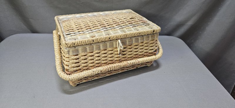 Vintage Wicker Sewing Basket — Hinged Lid, Yellow Floral-Lined Interior