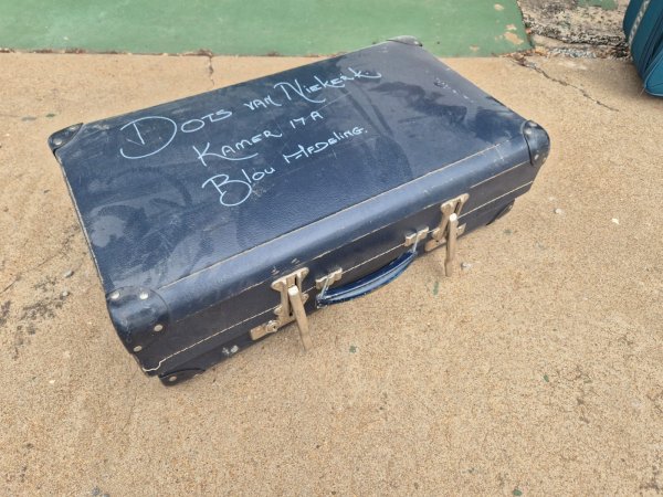 Vintage Navy Hard-Shell Suitcase — Retro Hostel Markings