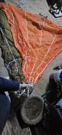 Round Parachute — Orange & Olive Canopy with Harness & Rigging Lines