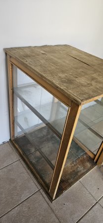 Vintage Wooden-Framed Glass Display Cabinet — Honey-Tone Timber, Glass Shelves
