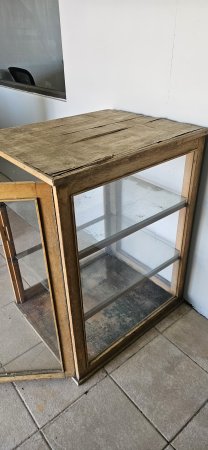 Vintage Wooden-Framed Glass Display Cabinet — Honey-Tone Timber, Glass Shelves