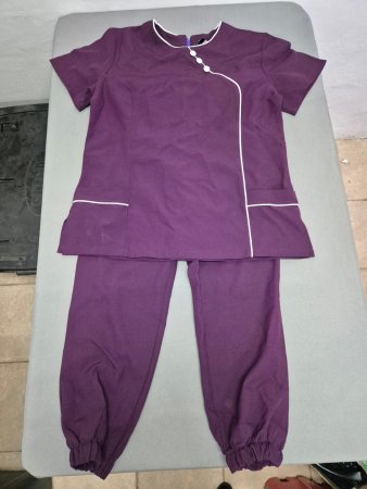 Della Two-Piece Uniform / Scrub Set — Aubergine with White Piping, Size L